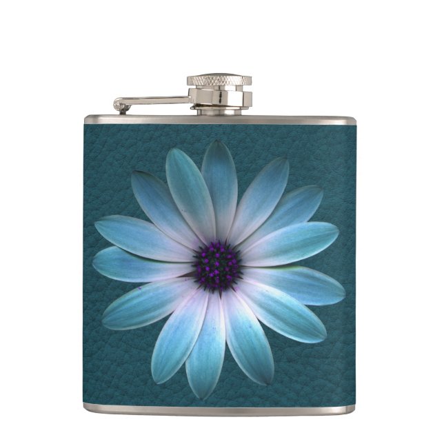 Azure Daisy auf dunkle bis Leder Druck Flachmann (Vorderseite)