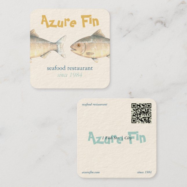 Azure Fin Elegant Fish Restaurant Logo Quadratische Visitenkarte (Vorne/Hinten)