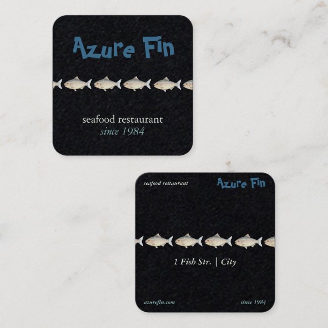 Azure Fin Elegantes Black Coastal Seafood Restaura Quadratische Visitenkarte (Vorne/Hinten)