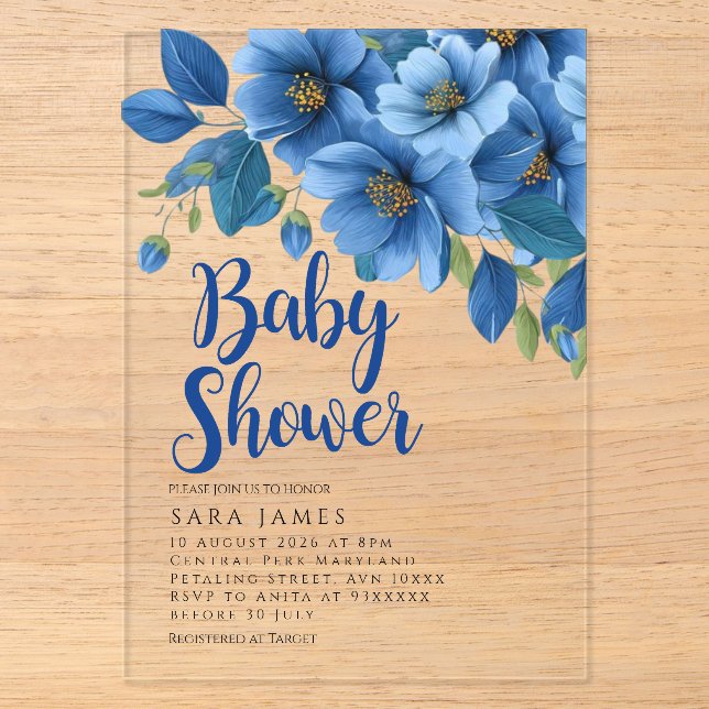 Azure Floral Acrylic Baby Shower Invitation Acryleinladungen (Vorderseite)