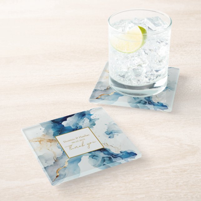 AZURE Marble Dreams Gala | GLITZER SAVE THE DATE Glasuntersetzer (Schrägansicht)