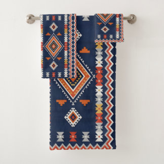 Azure Navy and Terracotta Geometric Tribal Badhandtuch Set