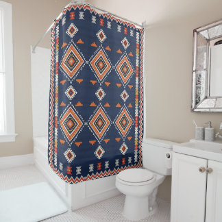Azure Navy and Terracotta Geometric Tribal Duschvorhang