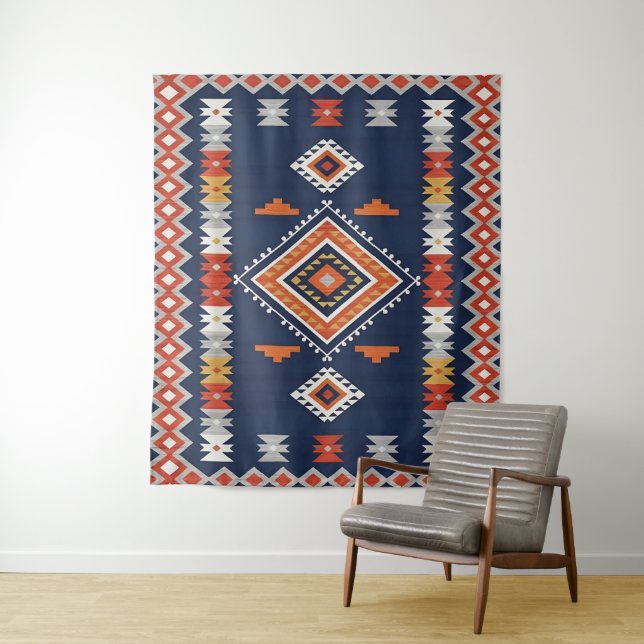 Azure Navy and Terracotta Geometric Tribal Wandteppich (Beispiel)