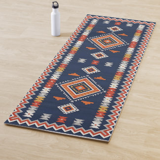Azure Navy and Terracotta Geometric Tribal Yogamatte