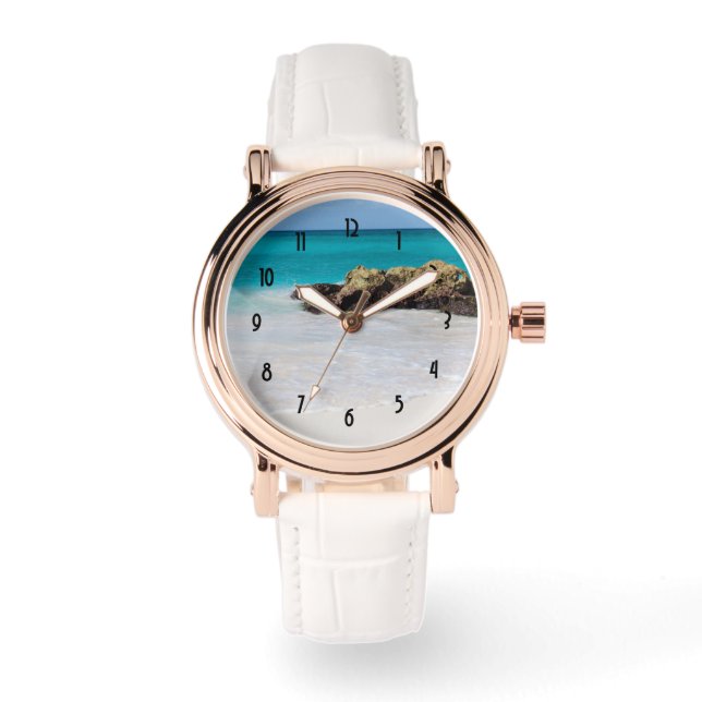 Azure Ocean Sandy Beach Foto Armbanduhr (Vorderseite)