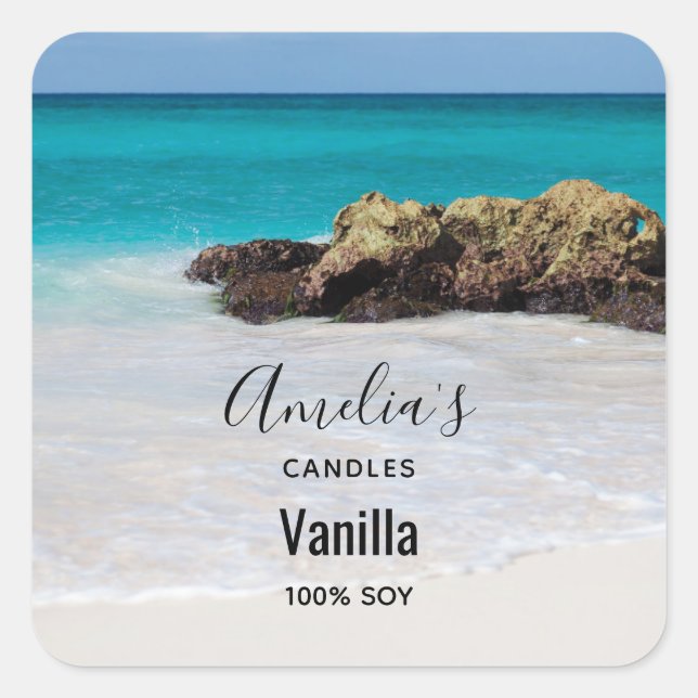 Azure Ocean Sandy Beach Foto - Candle Business Quadratischer Aufkleber (Vorderseite)