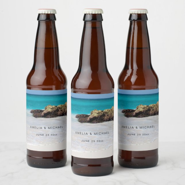 Azure Ocean Sandy Beach Foto Wedding Bierflaschenetikett (Flaschen)