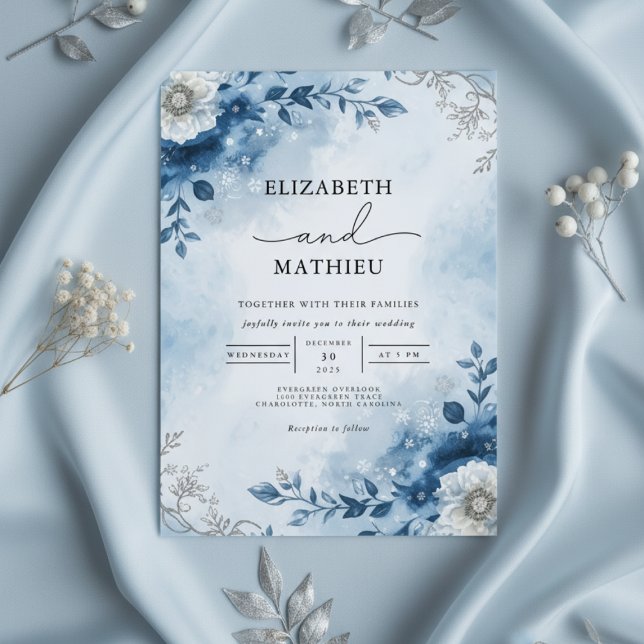 Azure Winter Branch Romance Wedding Einladung (Von Creator hochgeladen)