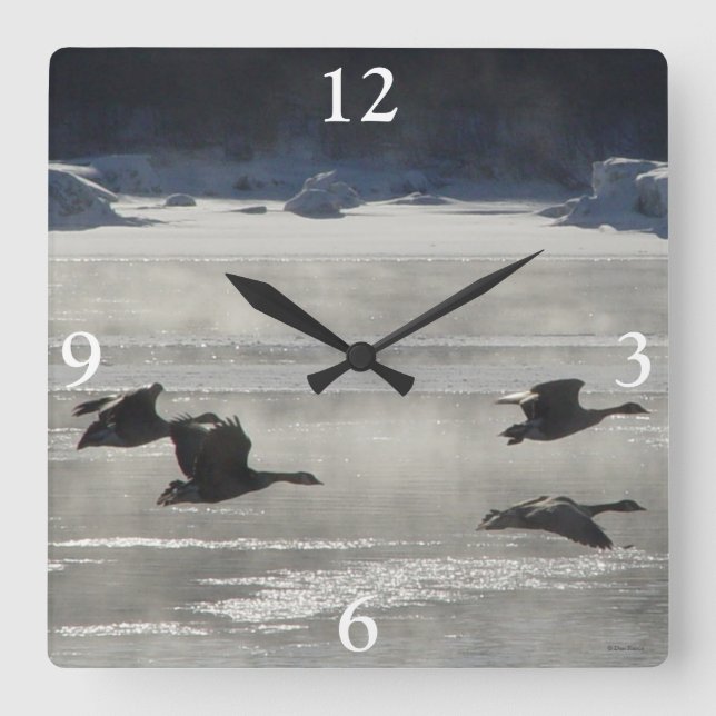 B47 Kanadische Gänse über Frozen Quadratische Wanduhr (Vorderseite)