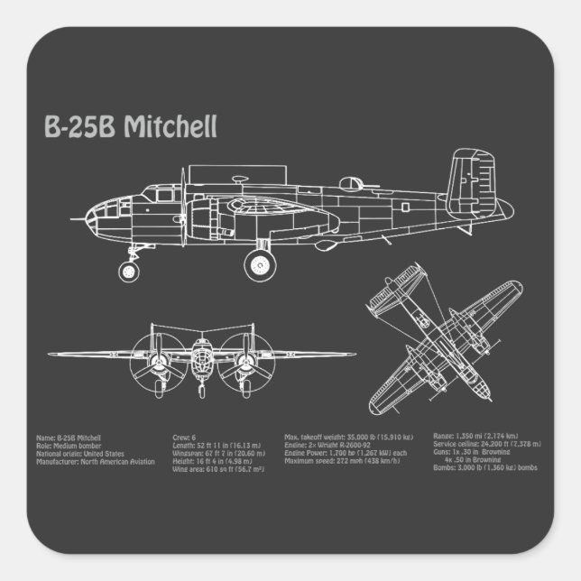 B-25B Mitchell Doolittle - Airplane Blueprint PD Quadratischer Aufkleber (Vorderseite)