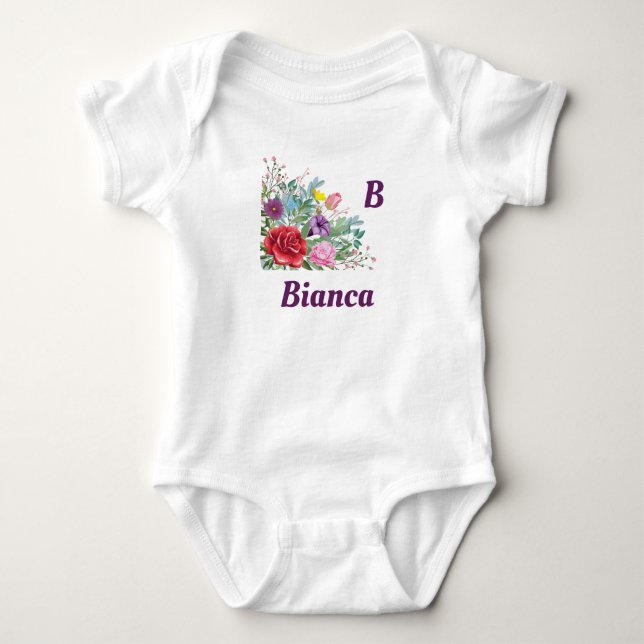 B Bianca Personalisieren von Buchstabennamen, Rose Baby Strampler (Vorderseite)