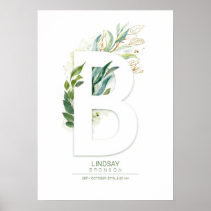B Brief Monogramm Gold Grünzeug Blätter Chic Poster