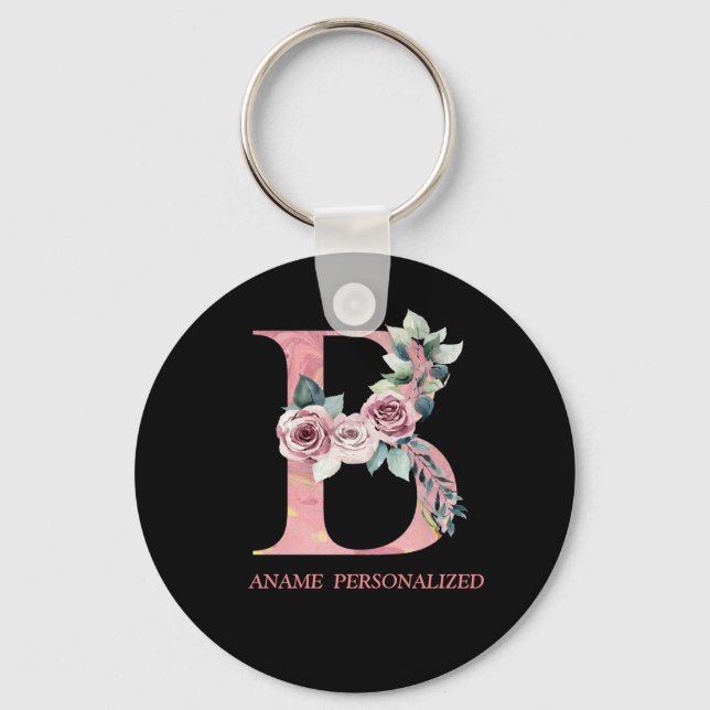 B Floral Monogram Name Letters Pink Agate Schlüsse Schlüsselanhänger (Vorderseite)