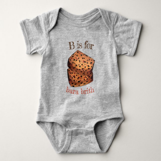 B ist für Bara Brith Welsh UK Speckled Fruchtbrot Baby Strampler (Vorderseite)