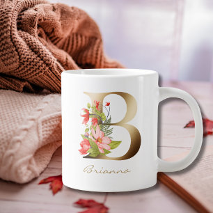B Letter Gold Monogram Rote Orange Grüne Blume Jumbo-Tasse