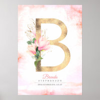 B Letter Monogram Gold Blätter Pink Magnolia Flora