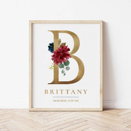 B Letter Monogram Name Marsala Floral Kinderzimmer Poster