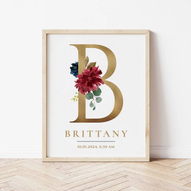 B Letter Monogram Name Marsala Floral Kinderzimmer Poster (Von Creator hochgeladen)