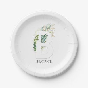B Monogram Gold Greenerity Blätter Eleganter Name Pappteller