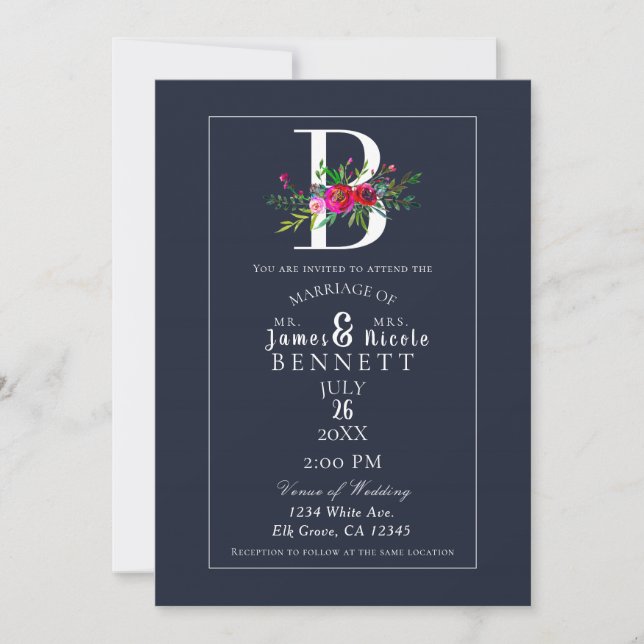 B Monogram letzte erste Hochzeit mit moderner Blau Einladung (Vorderseite)