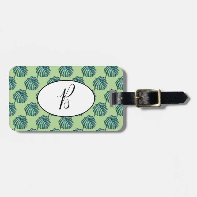 B Monogram Palm Print Turquoise Luggage Tag Gepäckanhänger (Vorderseite horizontal)