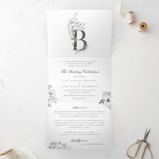 'B' Monogram Schöne gezeichnete Blumenhochzeit Dreifach Gefaltete Einladung (Innenseite)