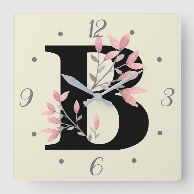 B Monogramm mit rosa Spray Quadratische Wanduhr (Vorderseite)