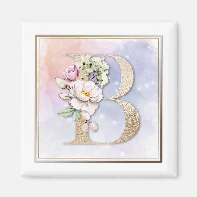 B Monogramm Pink Floral Magnet (Vorne)