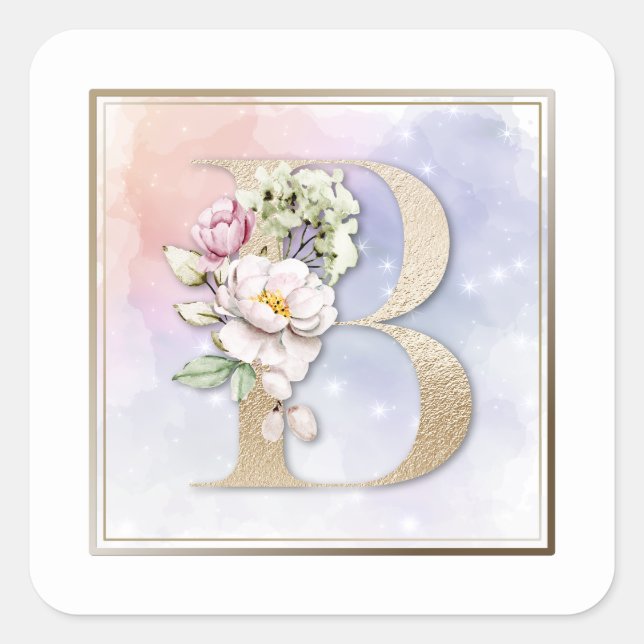 B Monogramm Pink Floral Quadratischer Aufkleber (Vorderseite)