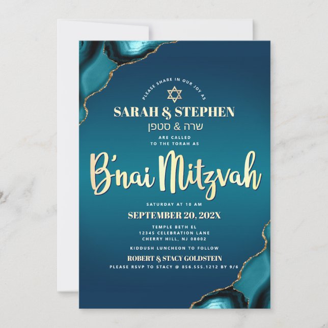 B’nai Mitzvah Turquoise Ombre Gold Script Agate Einladung (Vorderseite)