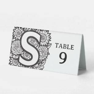B. Schwarz-Weiß-Floral-Monogramm S Bearbeitbares E Tischaufsteller
