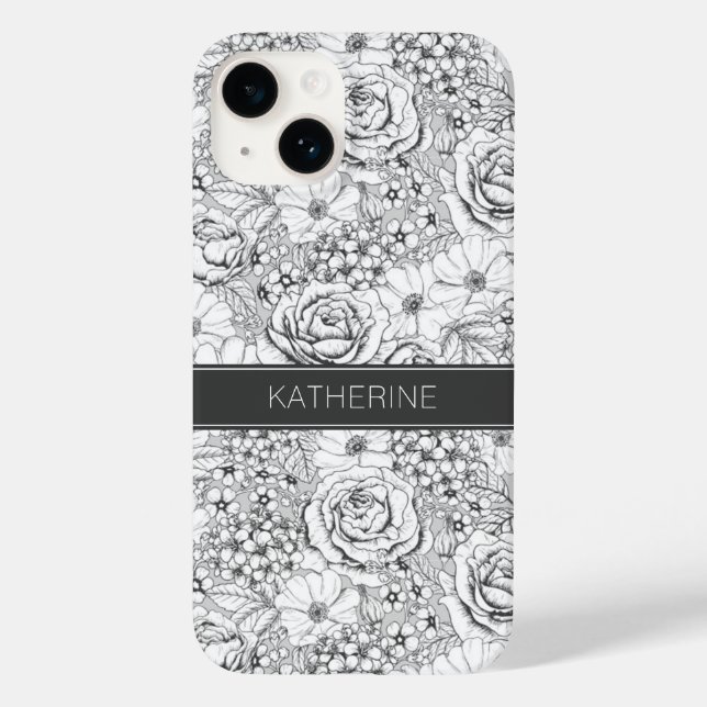 B&W Blumengarten Rose Muster Case-Mate iPhone 14 Hülle (Rückseite)