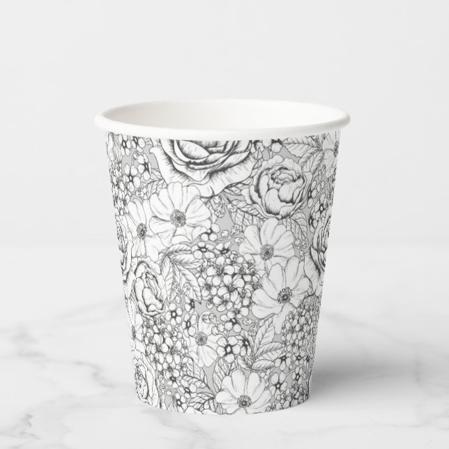 B&W Blumengarten Rose Muster Pappbecher (Vorderseite)