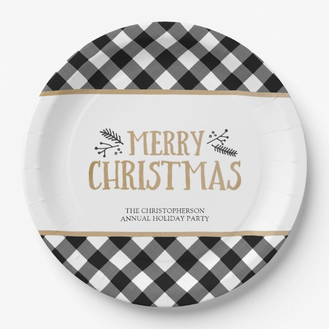 B&W Buffalo Karo MERRY CHRISTMAS Personalisiert Pappteller (Vorderseite)