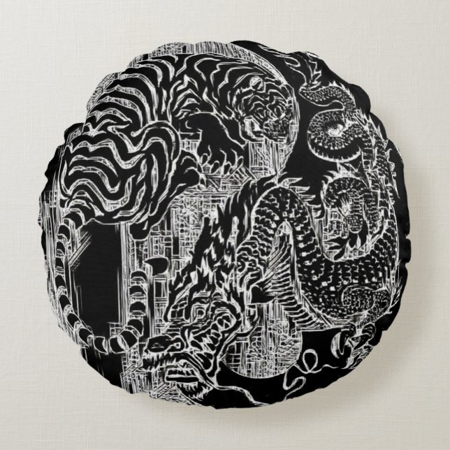 B&W Drache-Tiger Yin Yang Symbol-Ätzung Rundes Kissen (Vorderseite)