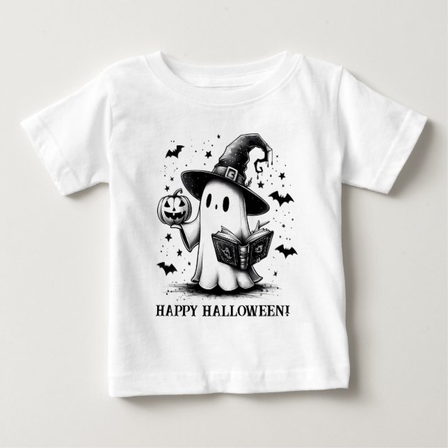 B & W Happy Halloween Ghost Baby T-shirt (Vorderseite)
