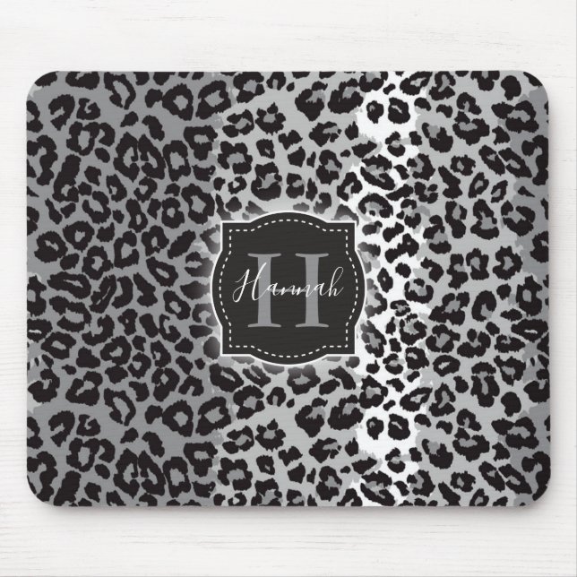 B & W Leopard Muster mit/ Custom Monogram & Name Mousepad (Vorne)