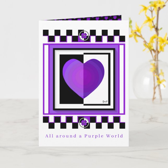 B&W Lila Hearts: Blankokarte Karte (Gelbe Blume)