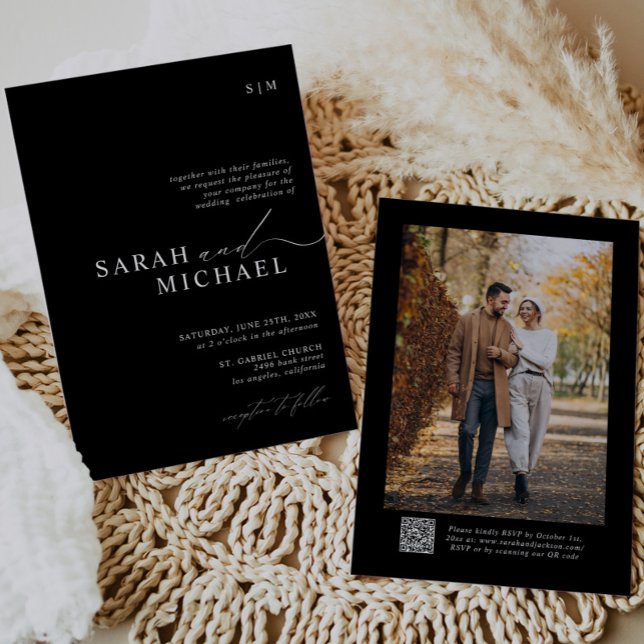 B&W Minimal Elegant Modernes Script QR Code Hochze Einladung (Von Creator hochgeladen)