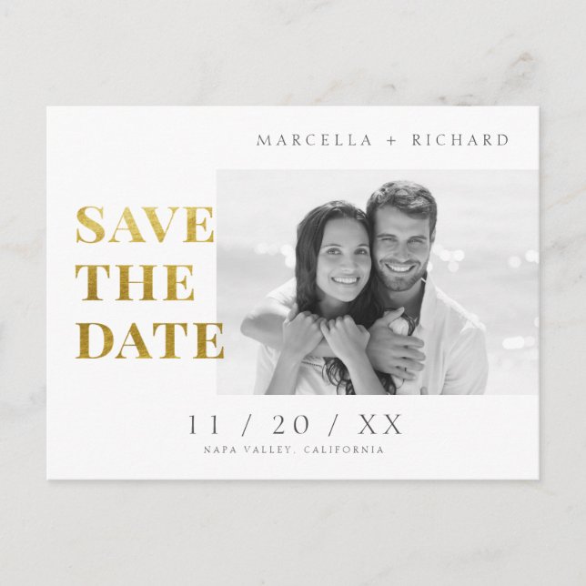 B&W Minimalistisch Gold Foto Wedding Save the Date Postkarte (Vorderseite)