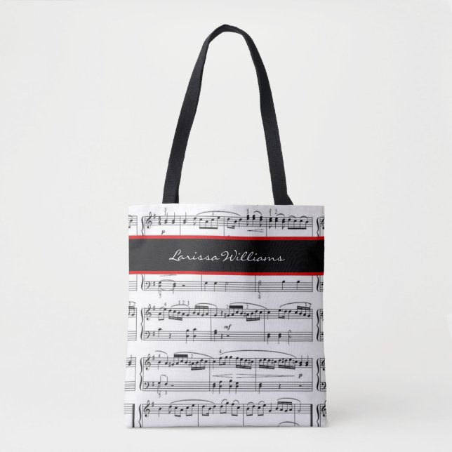 B/W Musiknoten mit Namen, benutzerdefiniert Tasche (Vorderseite)