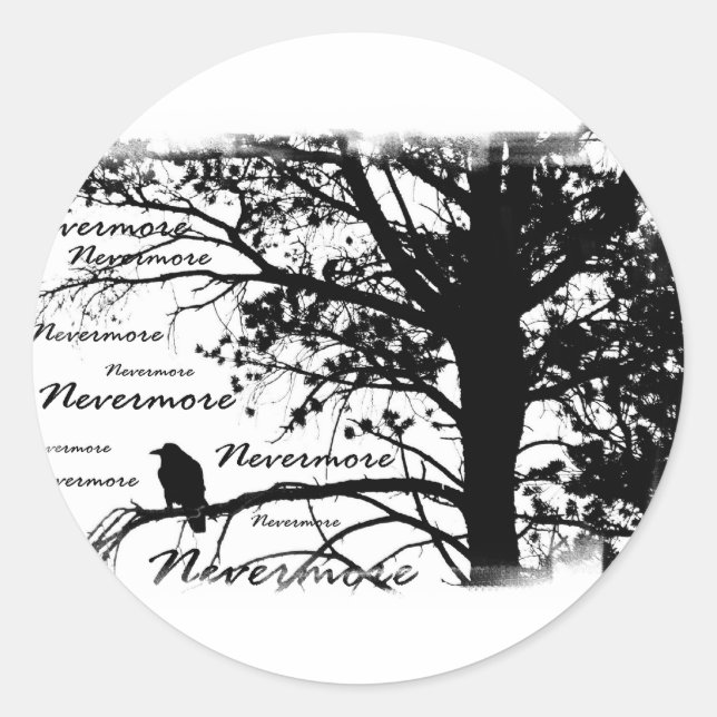 B&W Nevermore Raven Silhouette Runder Aufkleber (Vorderseite)