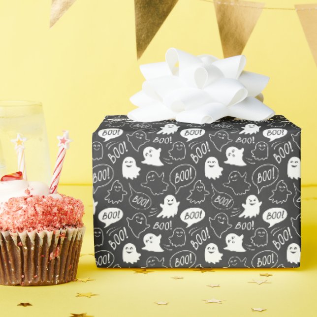 B&W Niedlich Doodle Halloween-Muster Geschenkpapier (Geburtstagsparty)