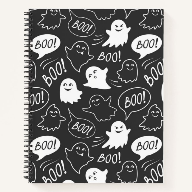 B&W Niedlich Doodle Halloween-Muster Notizbuch (Vorderseite)