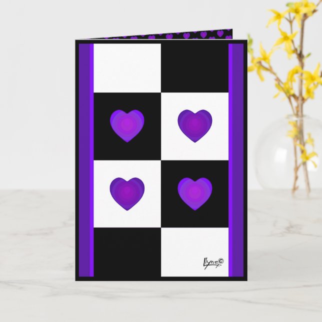 B&W Purple Hearts Battre la carte d'anniversaire (Fleur jaune)