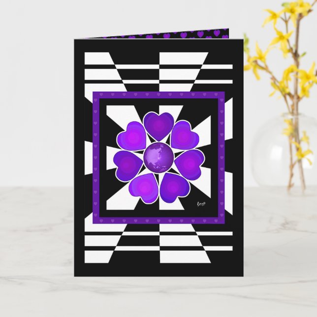 B&W Purple Hearts Battre la carte d'anniversaire (Fleur jaune)