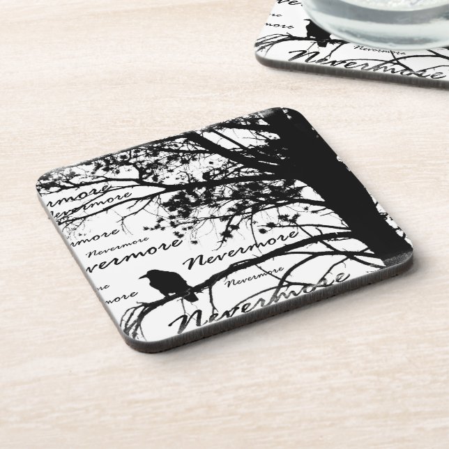 B&W Raven Nevermore Baum-Silhouette - E.A. Poe Untersetzer (Linke Seite)