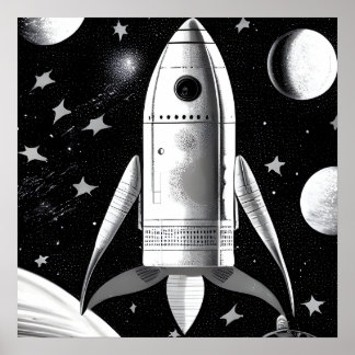B&W Retro-Raketenschiff Poster
