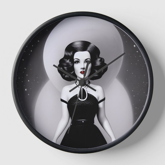 B&W Retro Sci-fi-Frau Uhr (Vorderseite)